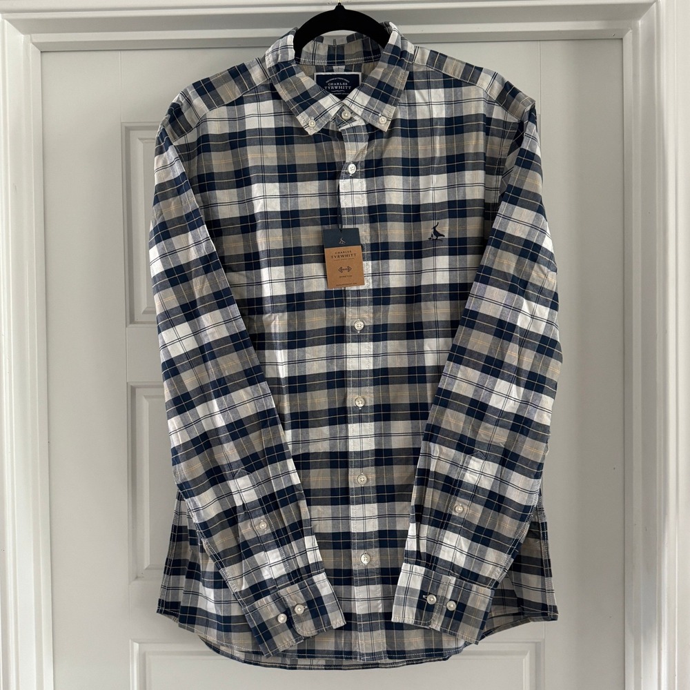 NWT Charles Tyrwhitt Button Down Mens L Grey Check Slim Fit Washed Oxford Shirt